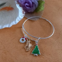 Expandable Christmas Bangle With 3 Charms - Christmas Wreath, Santa Sleigh, Christmas Tree