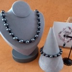 Graduated Pearl & Crystal Necklace, Bracelet and Earrings Set - Hematite