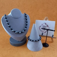 Graduated Pearl & Crystal Necklace, Bracelet and Earrings Set - Hematite