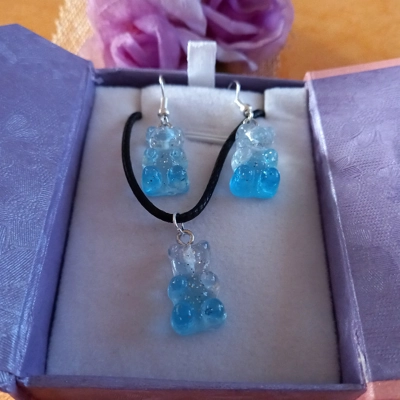Gummy Bears - Necklace & Earrings Set - Clear & Baby Blue