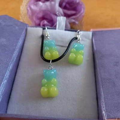 Gummy Bears - Necklace & Earrings Set - Milky Baby Blue & Lemon