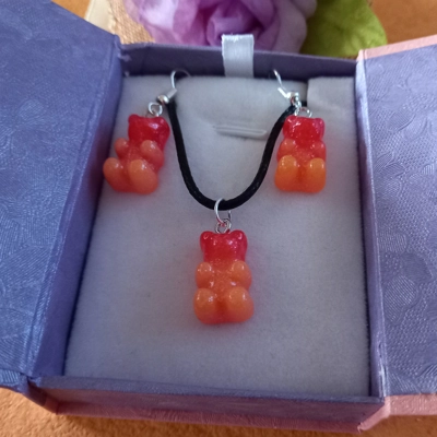 Gummy Bears - Necklace & Earrings Set - Red & Orange