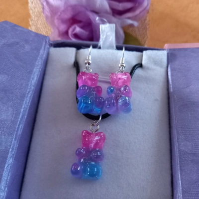 Gummy Bears - Necklace & Earrings Set - Transparent Pink & Blue