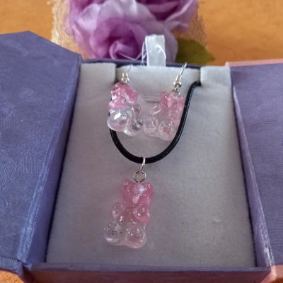 Gummy Bears - Necklace & Earrings Set - Transparent Pink & Clear