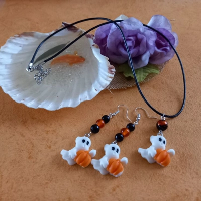 Halloween Necklace And Earrings Set - Ghost with a Pumpkin Halloween Necklace And Earrings Set - Ghost with a Pumpkin