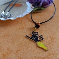 Halloween Necklace - Black Cat on a Broomstick