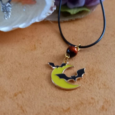 Halloween Necklace - Yellow Moon with 2 Bats