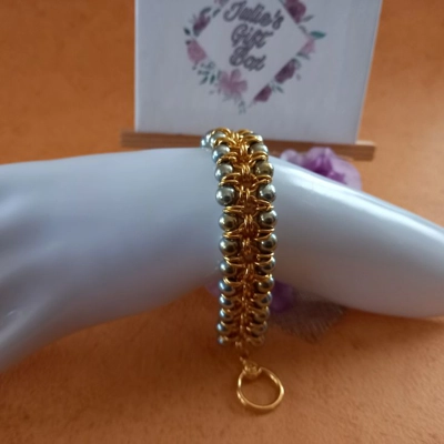 Hematite Double Row Chainmaille Bracelet - Gold Silver Green
