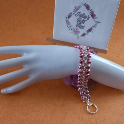 Hematite Double Row Chainmaille Bracelet - Silver Metallic Pink