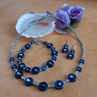 Hematite Doughnut Necklace, Bracelet and Earrings Set - Blue Silver