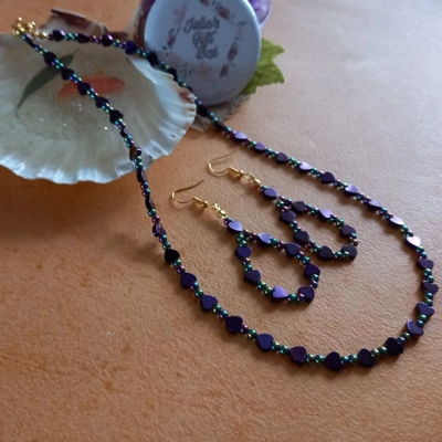 Hematite Heart Necklace and Earrings Set - Purple Hematite Heart Necklace and Earrings Set - Purple