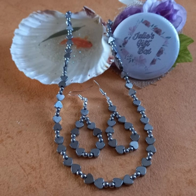 Hematite Heart Necklace and Earrings Set - Silver Hematite Heart Necklace and Earrings Set - Silver