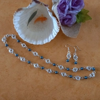 Mobius Necklace and Earrings Set with Pearls - Dark Cyan