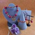 Pearl & Stardust Sparkle Necklace, Bracelet and Earrings Set - Magenta and Gold Pearl & Stardust Sparkle Necklace, Bracelet and Earrings Set - Magenta and Gold