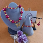 Pearl & Stardust Sparkle Necklace, Bracelet and Earrings Set - Magenta and Gold Pearl & Stardust Sparkle Necklace, Bracelet and Earrings Set - Magenta and Gold