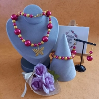 Pearl & Stardust Sparkle Necklace, Bracelet and Earrings Set - Magenta and Gold