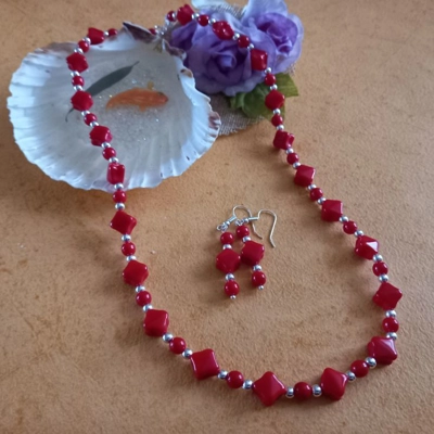 Red Diamond Necklace and Earring Set - Red and Silver