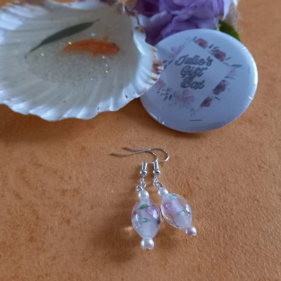 Rose Pink Earrings - Lampwork Pink Flower Rose Pink Earrings - Lampwork Pink Flower