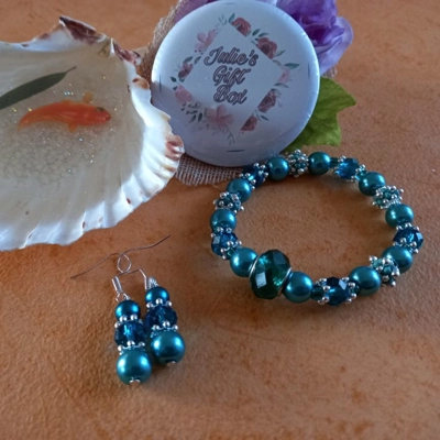 Sparkle Spacer Bracelet and Earrings Set - Teal Sparkle Spacer Bracelet and Earrings Set - Teal