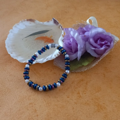 Stretch Bracelet - Blue And Rainbow Plated Rondelle Stretch Bracelet - Blue And Rainbow Plated Rondelle