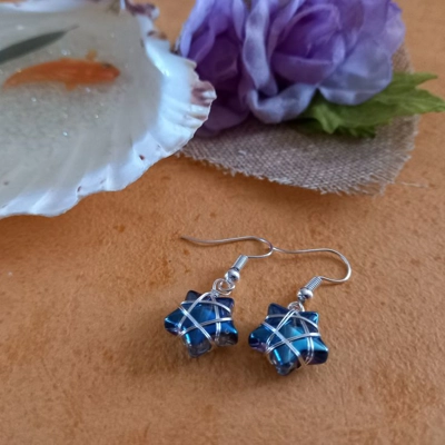 Wire Wrapped Star Earrings - Silver-Blue AB Wire Wrapped Star Earrings - Silver-Blue AB