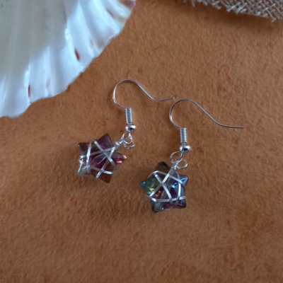 Wire Wrapped Star Earrings - Silver-Red AB