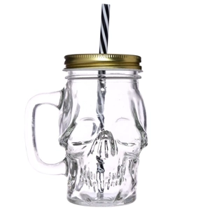 Skull Shaped Jar with Lid & Straw
