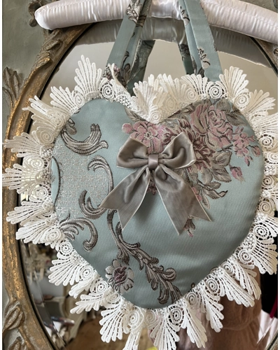 Handmade love heart bag blue with white lace trim