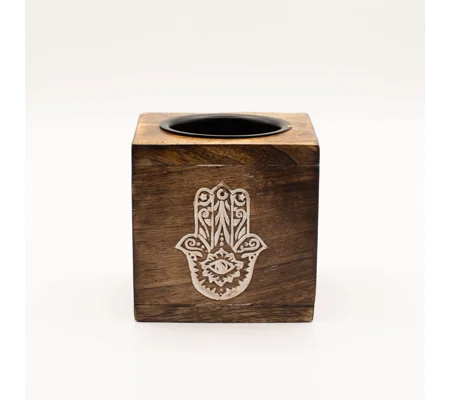 Square Mango Wood Oil Burner - Hamsa