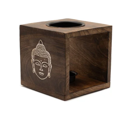 Large Square Mango Wood Oil Burner- Buddha Face