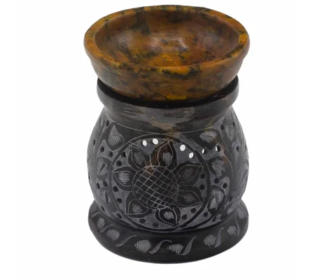 Soapstone Oil Burner 10cm - Mandala Flower - Black & Yellow