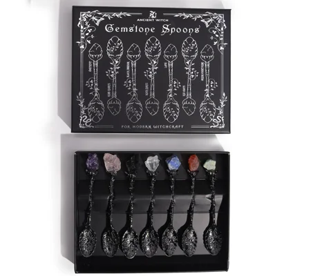 Set of 7 Dark Silver Gemstone Crystal Witch Spoons