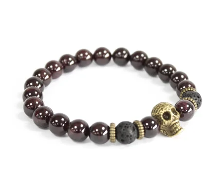 Bronze Skull / Blood Stone - Gemstone Bracelet