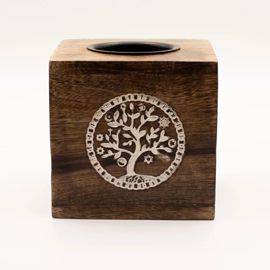 Large Square Mango Wood Oil Burner - Tree of Life