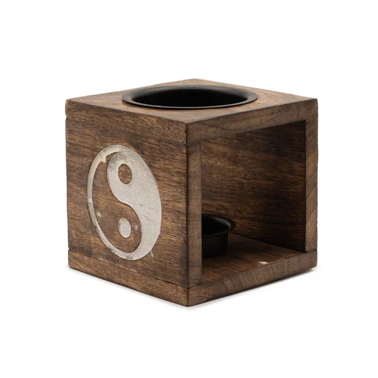 Square Mango Wood Oil Burner - Yin Yang