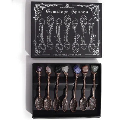Set of 7 Bronze Gemstone Crystal Witch Spoons