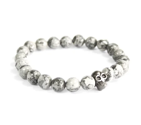 Pewter Skull / Grey Agate - Gemstone Bracelet