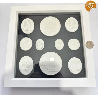 2 Framed Grand Tour Reproduction Intaglios Medallions Coins Classic Cameos