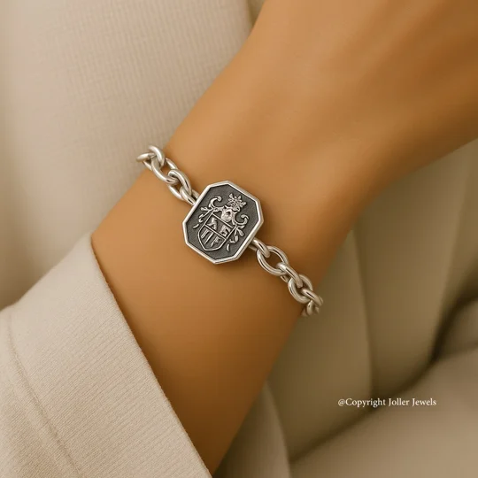 Women's Custom Octagon Silver Family Crest Bracelet Wrist Model