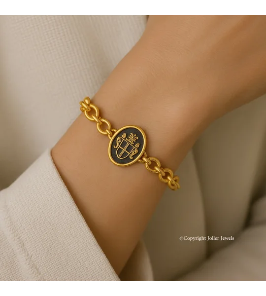 Women's Custom Oval Gold Plated Coat of Arms Bracelet Wrist Model
