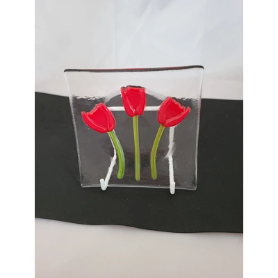 Clear & Red tulips large trinket dish