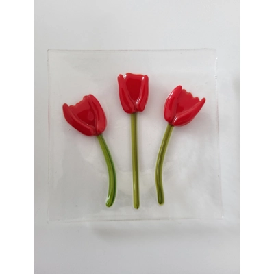 Clear & Red tulips large trinket dish