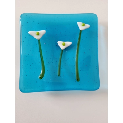 Transparent turquoise & white lilies large trinket dish