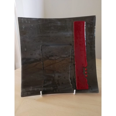 Charcoal grey and red 20cm square platter