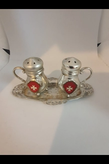 Vintage Malta Water Can Salt & Pepper Shakers W/Tray
