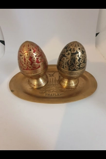 Vintage Thailand Brass Egg Salt & Pepper Shakers W/Tray