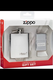Brushed Chrome Zippo Lighter & Flask Set