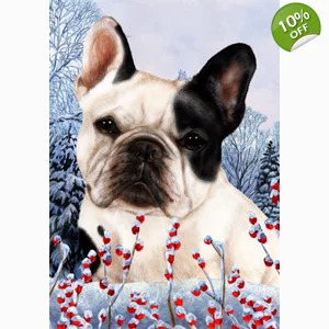 French Bulldog Blk/White Winterberries Garden Flag