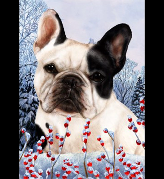 French Bulldog Blk/White Winterberries Garden Flag
