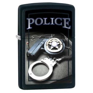 Police, Gun/Badge/Handcuffs Matte Black Zippo